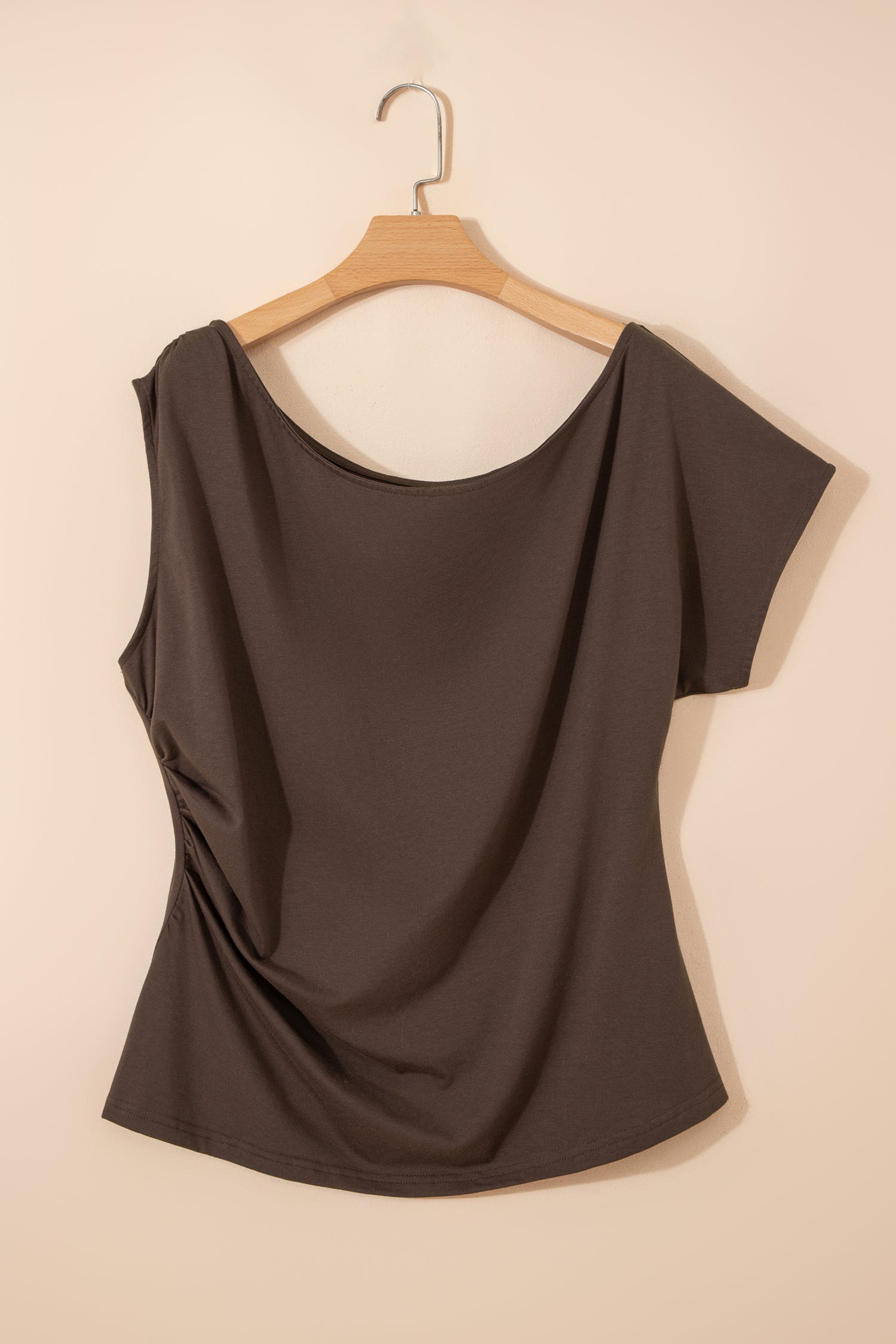 Burgundy Plus Size Solid Color Asymmetric Neck Short Sleeve Blouse