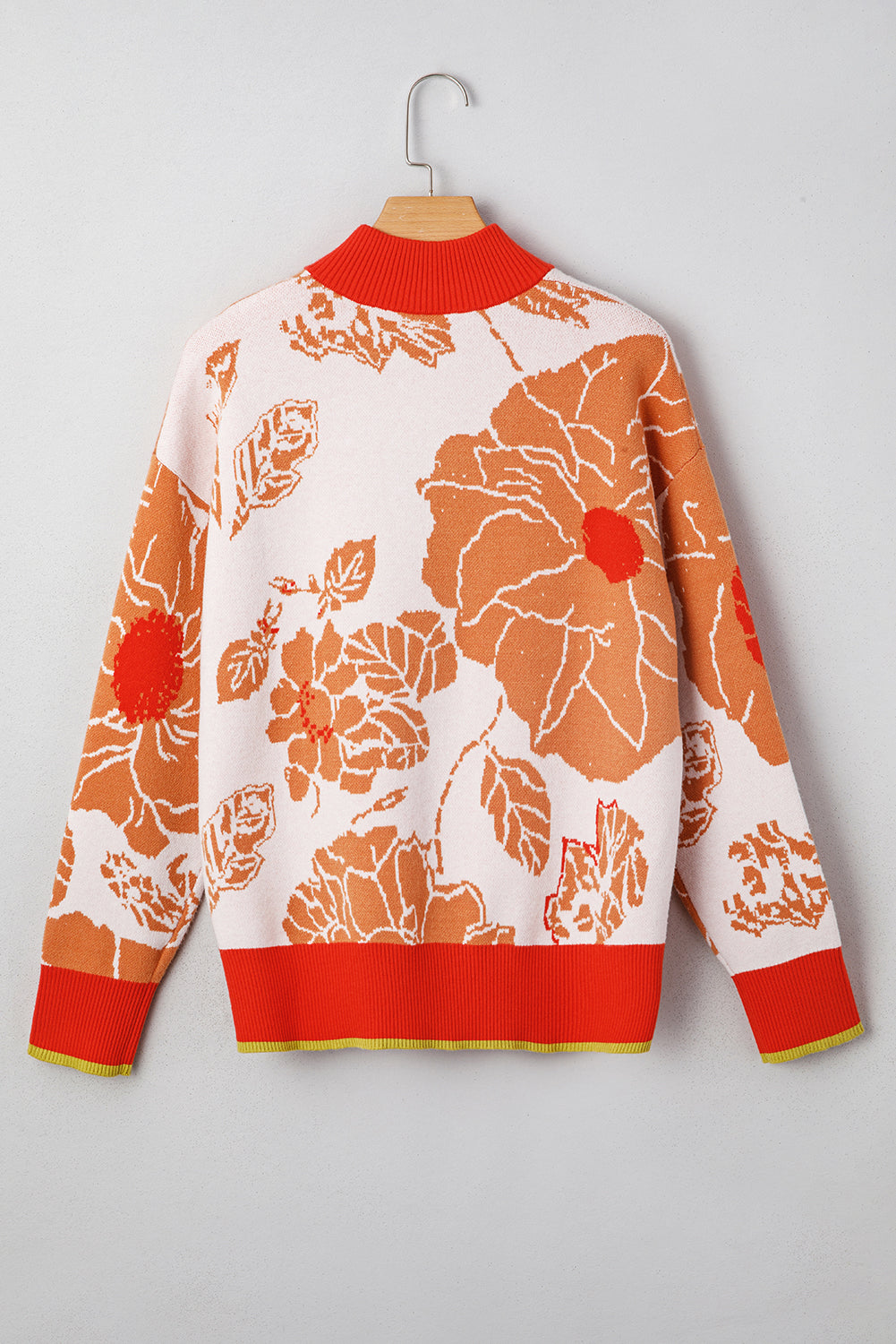 Khaki Floral Half Zip Collared Pullover Sweater