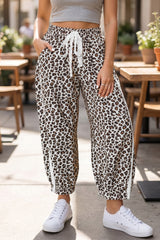 Black Leopard Print Ankle-Length Elastic Waist Pants