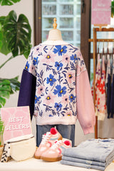 Khaki Floral Panel Colorblock Sleeve Patchwork Sweater