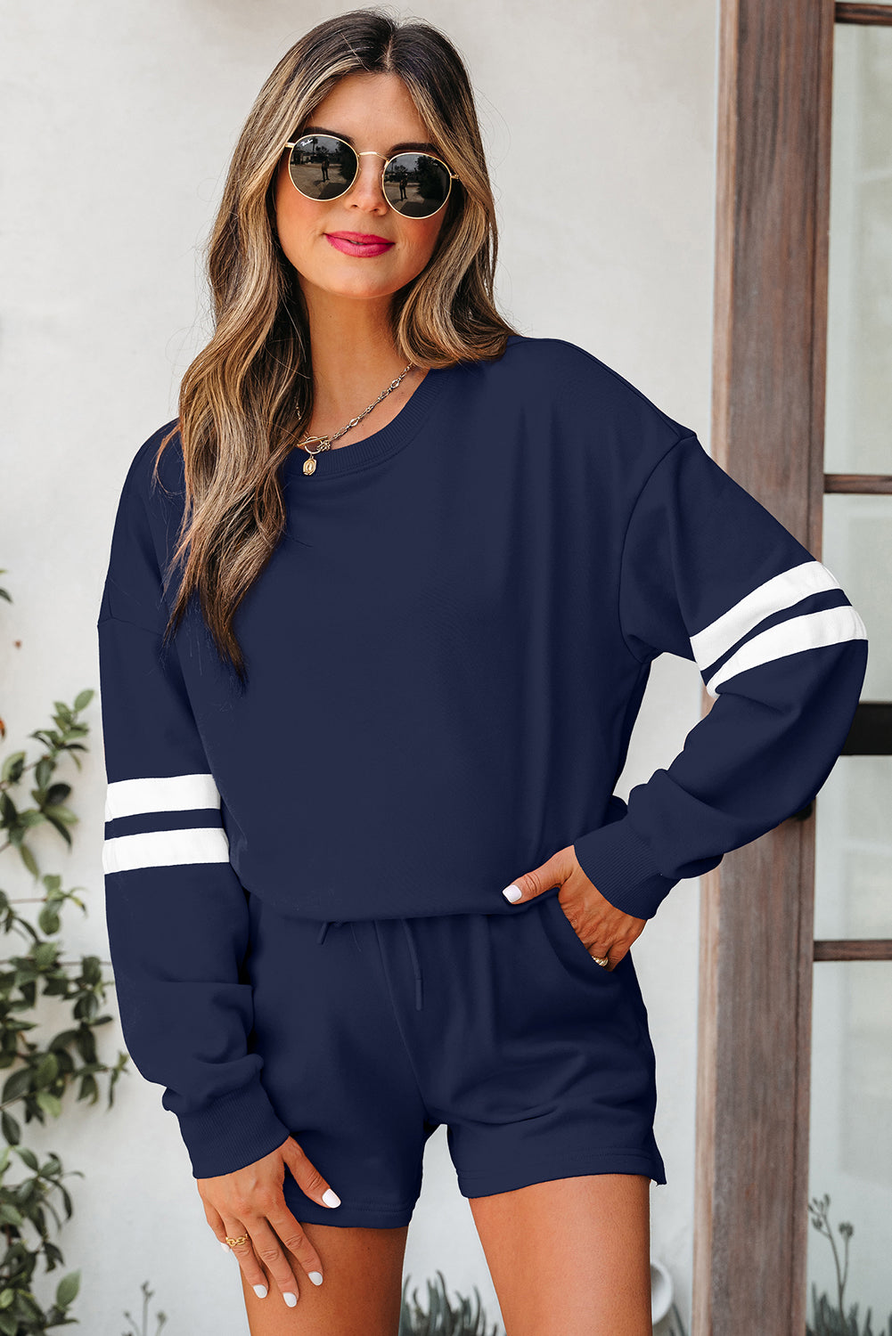 Orange Varsity Striped Sleeve Drop Shoulder Sweatshirt and Short Set