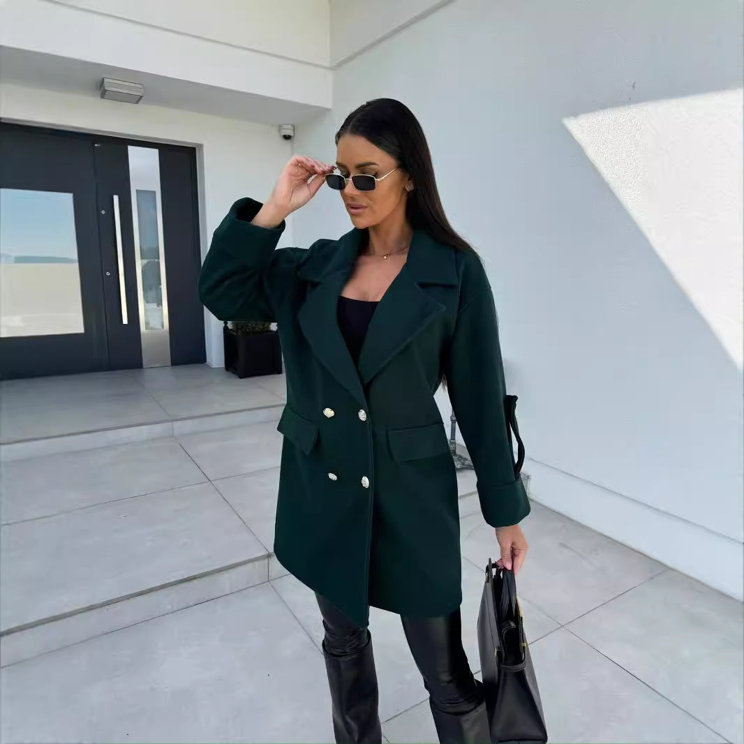 Winter Solid Color Double-breasted Coat Women's Clothing