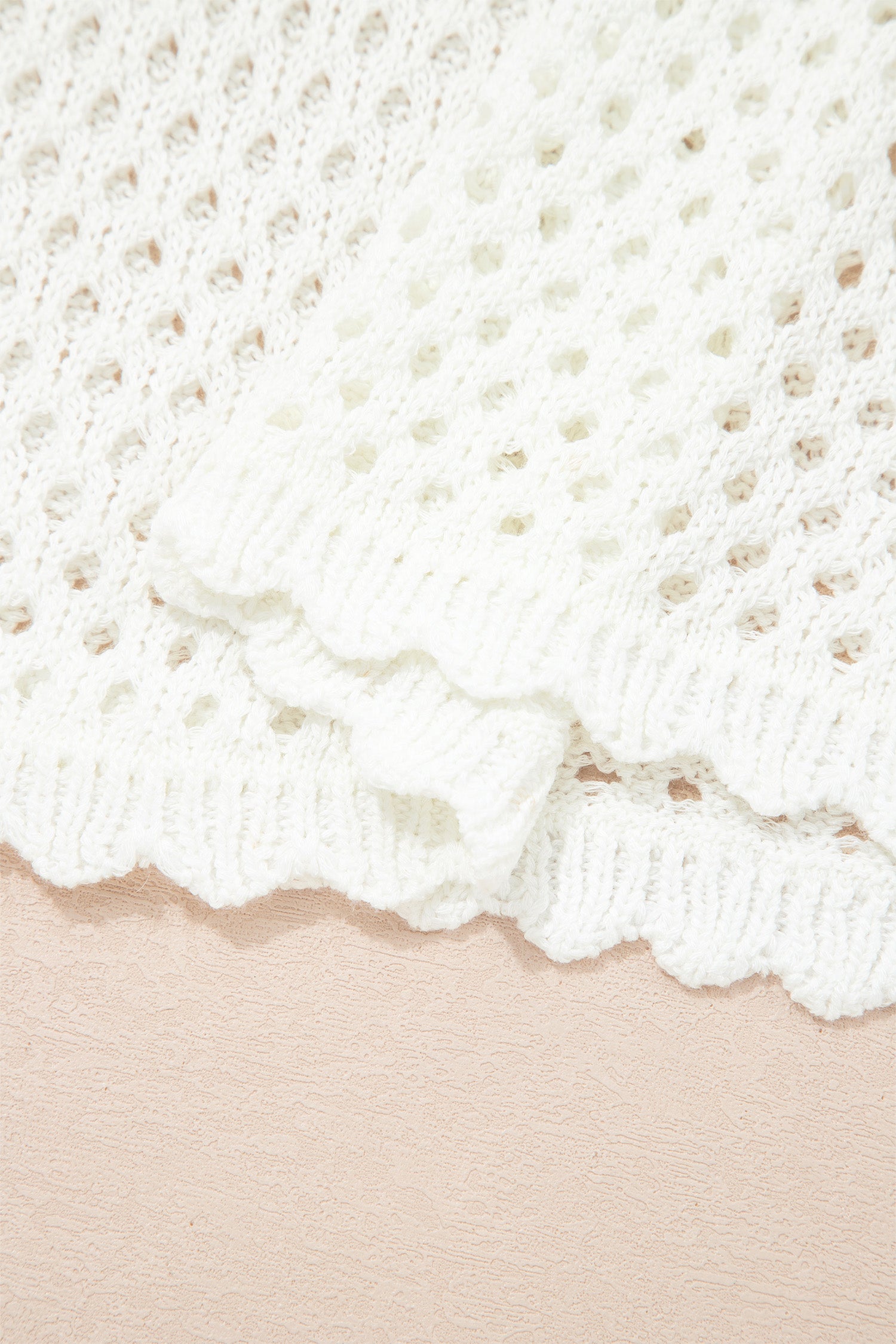 White Scalloped Trim Hollow Out Knit Long Sleeve Top