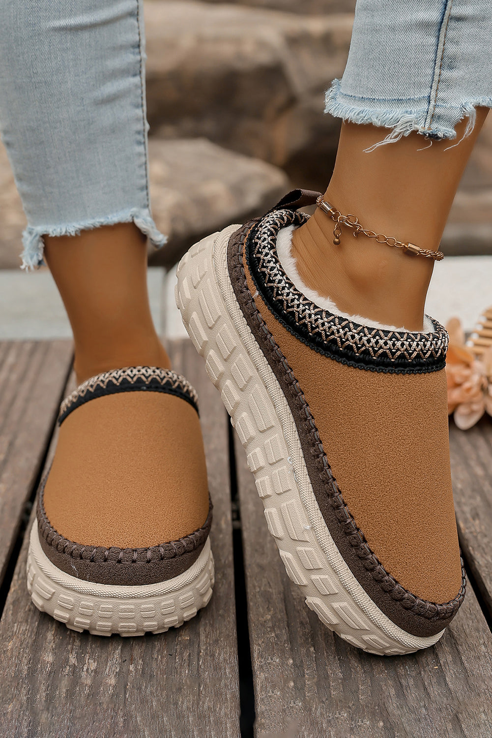 Coffee Faux Suede Woven Trim Plush Lining Platform Slippers
