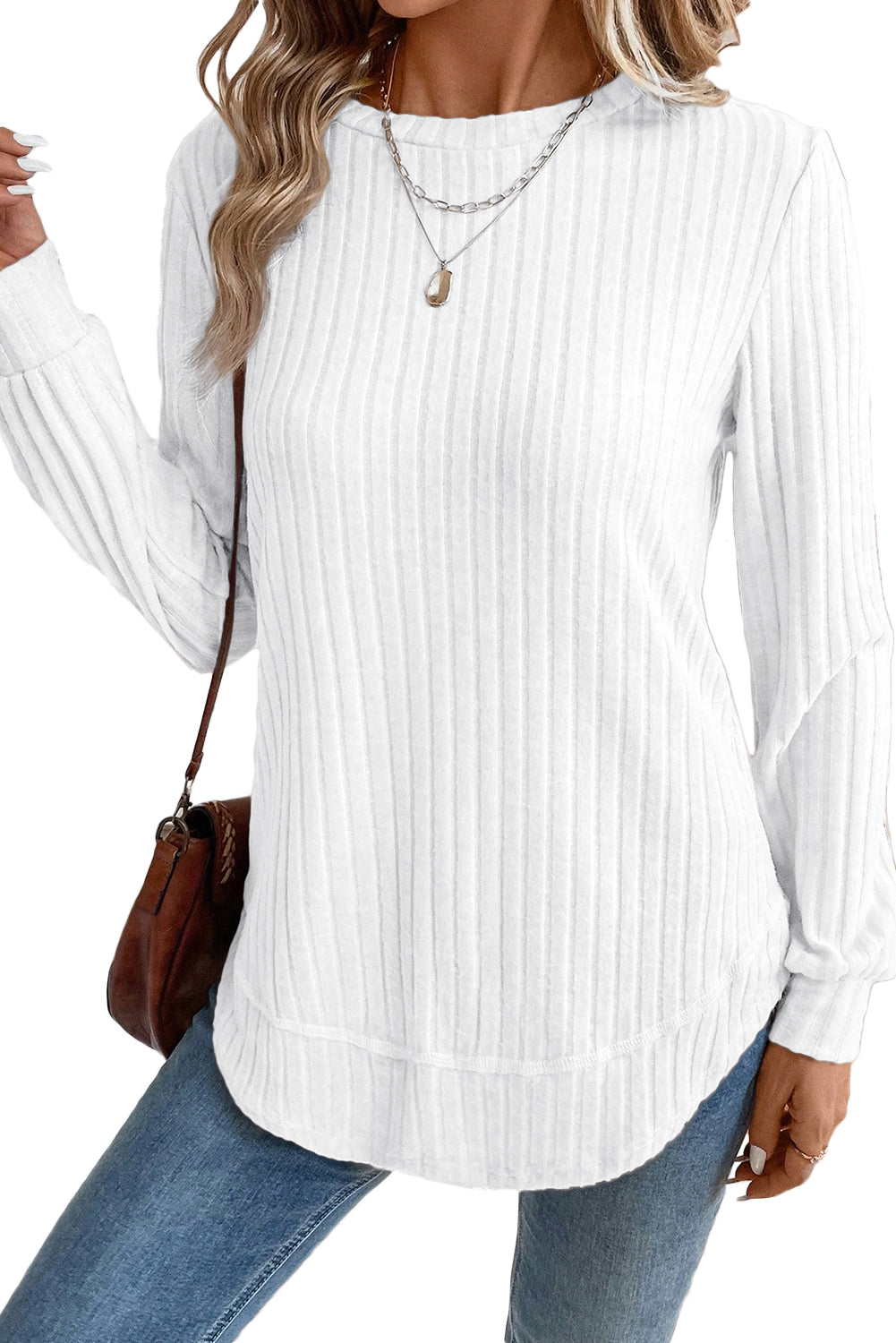 White Ribbed Texture Round Neck Long Sleeve Rounded Hem Top