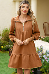 Desert Gold  Quarter Zip Collar Bracelet Sleeve Textured Mini Dress
