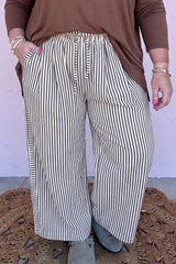 Black Stripe Plus Size Tie Waist Loose Pants