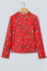 Fiery Red Christmas Elements Printed Long Sleeve Sheer Mesh Top