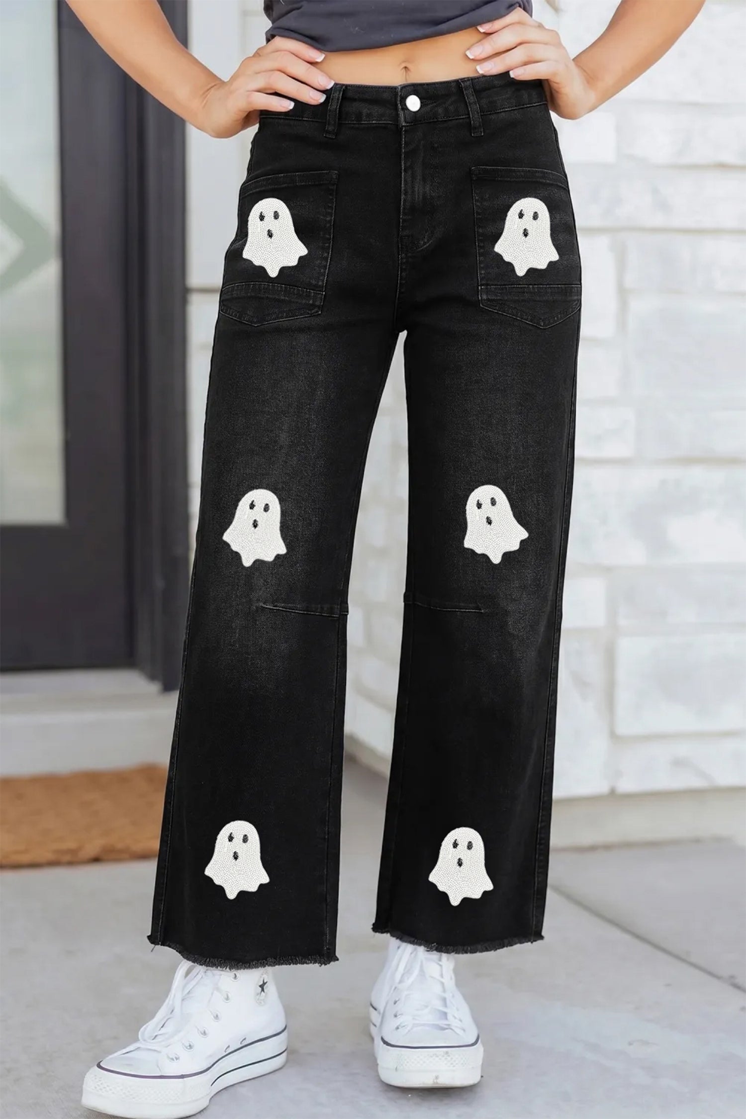 Black Sequin Ghost Patched Graphic Raw Hem Casual Jeans