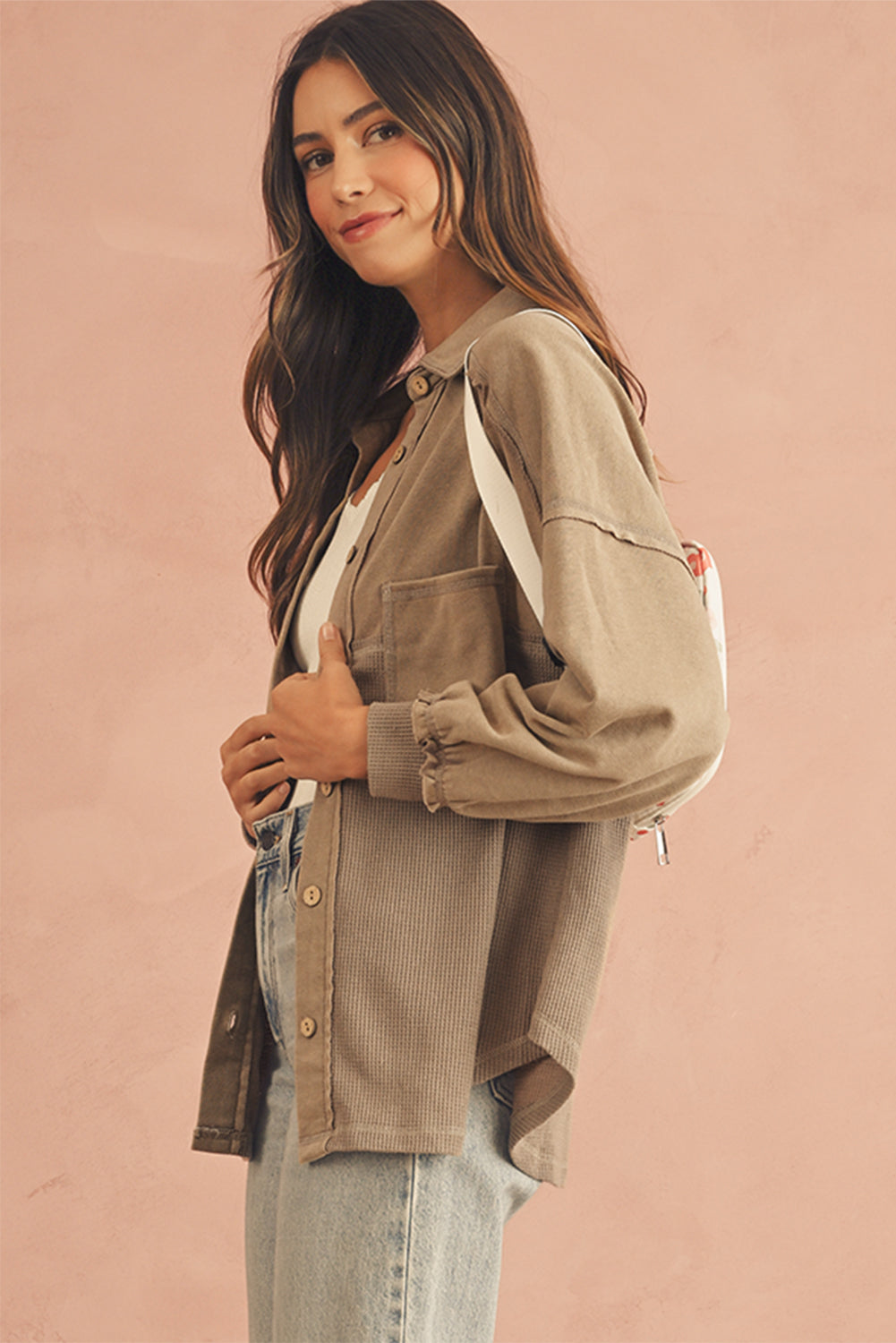 Goat Mineral Wash Textured Patchwork Loose Fit Shacket