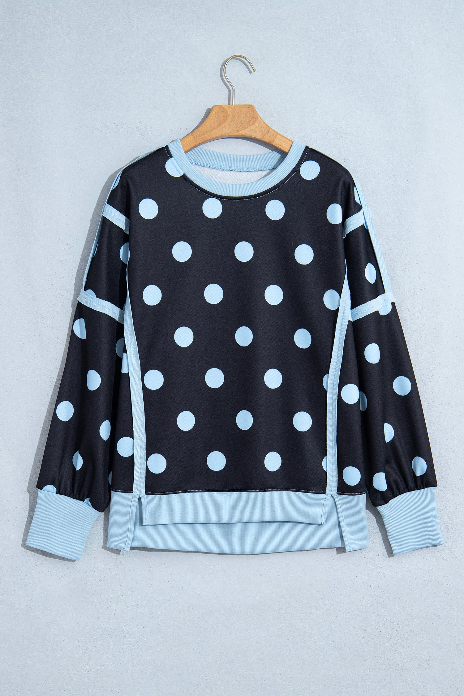 White Polka Dot Contrast Patchwork Round Neck Baggy Sweatshirt
