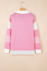 Pink Contrasting Polo Collar Color Block Knit Drop Shoulder Sweater