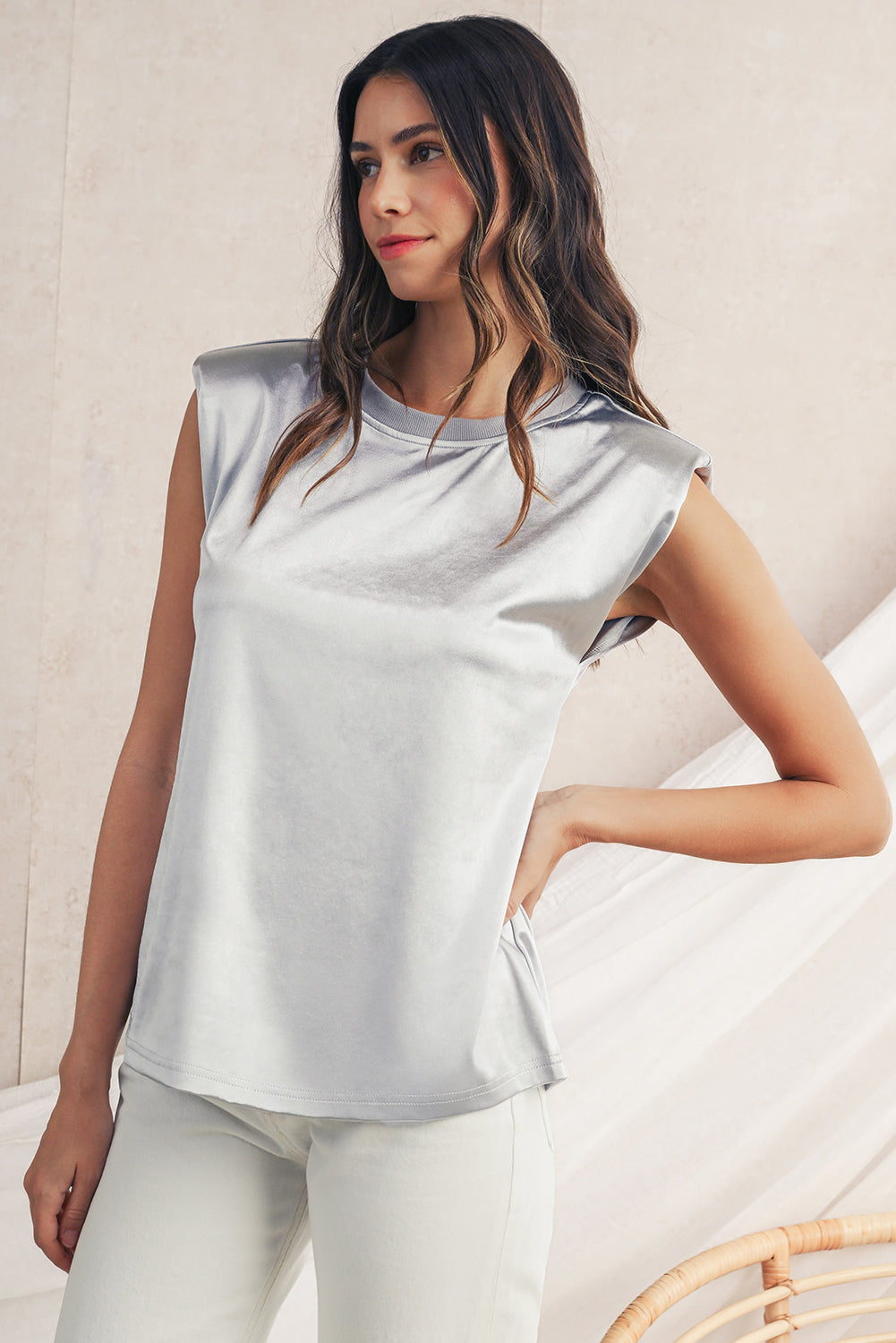 Silvery Solid Sleeveless Round Neck Tee