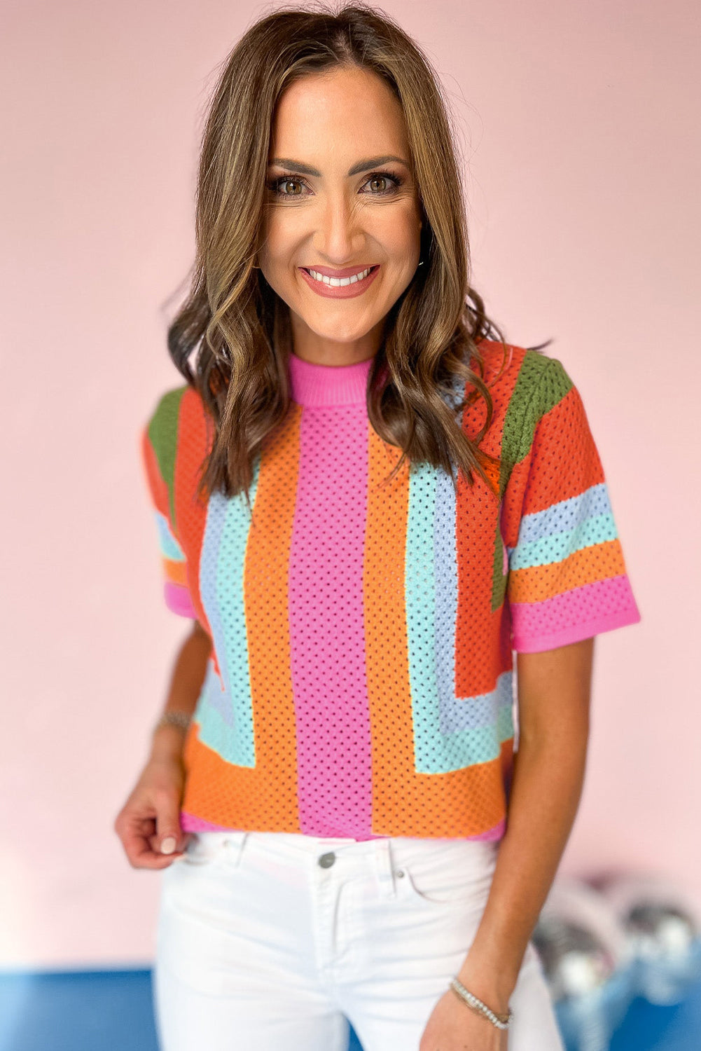 Orange Colorblock Eyelet Casual Knit T Shirt