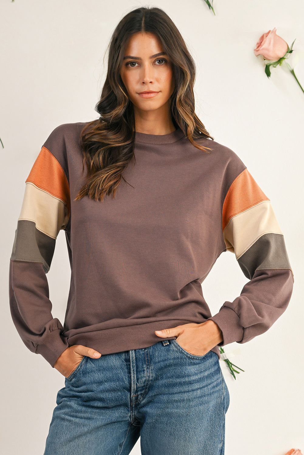 Dark Khaki Colorblock Drop Shoulder Pullover Casual Sweatshirt