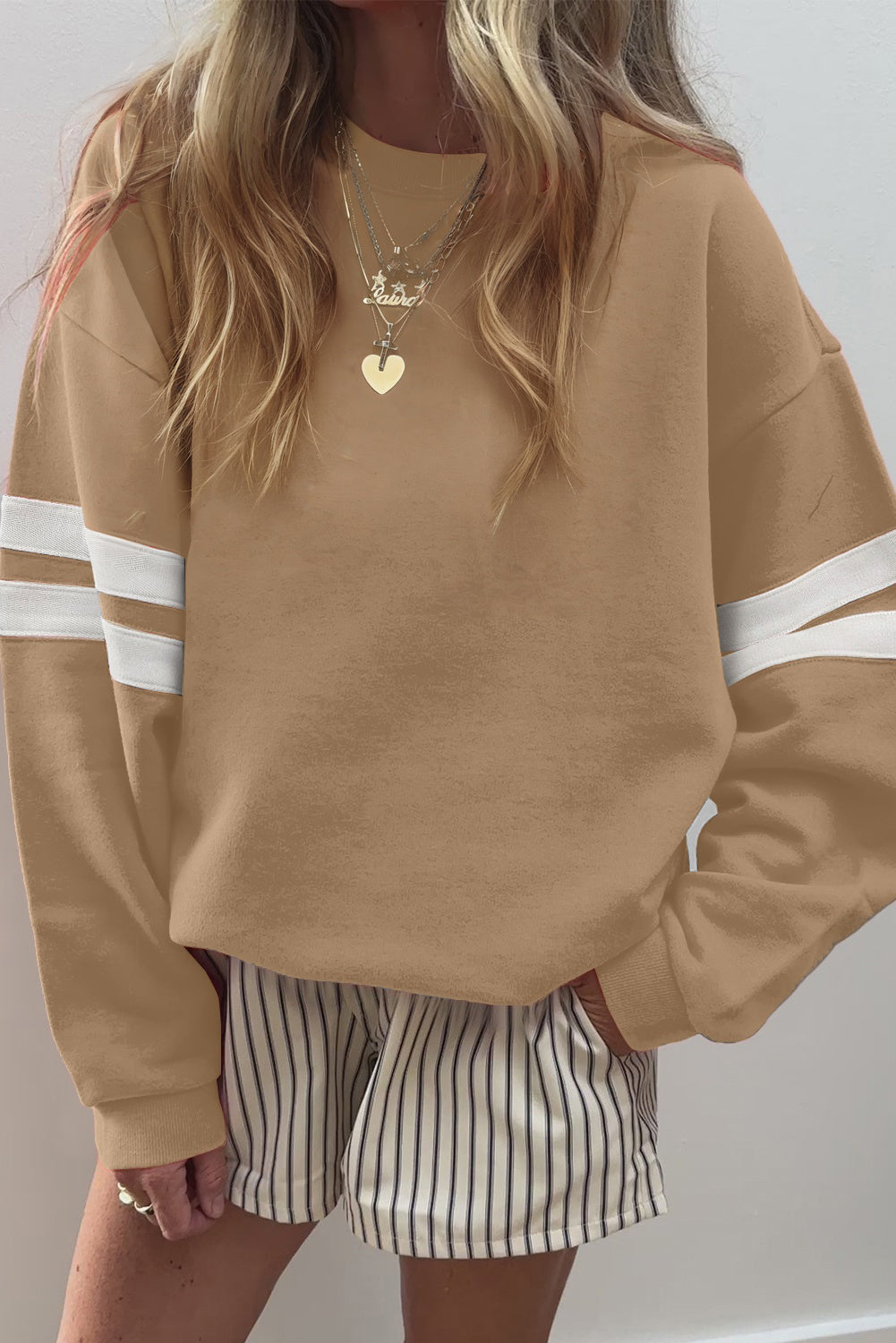 Light French Beige Preppy Striped Sleeve Loose Sweatshirt