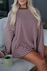 Sky Blue Stripe Long Sleeve Oversized Top Pocketed Casual Shorts Two Piece Set