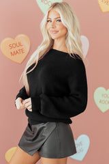 Black Ribbed Knit Ribbon Knot Backless Drop Shoulder Sweater
