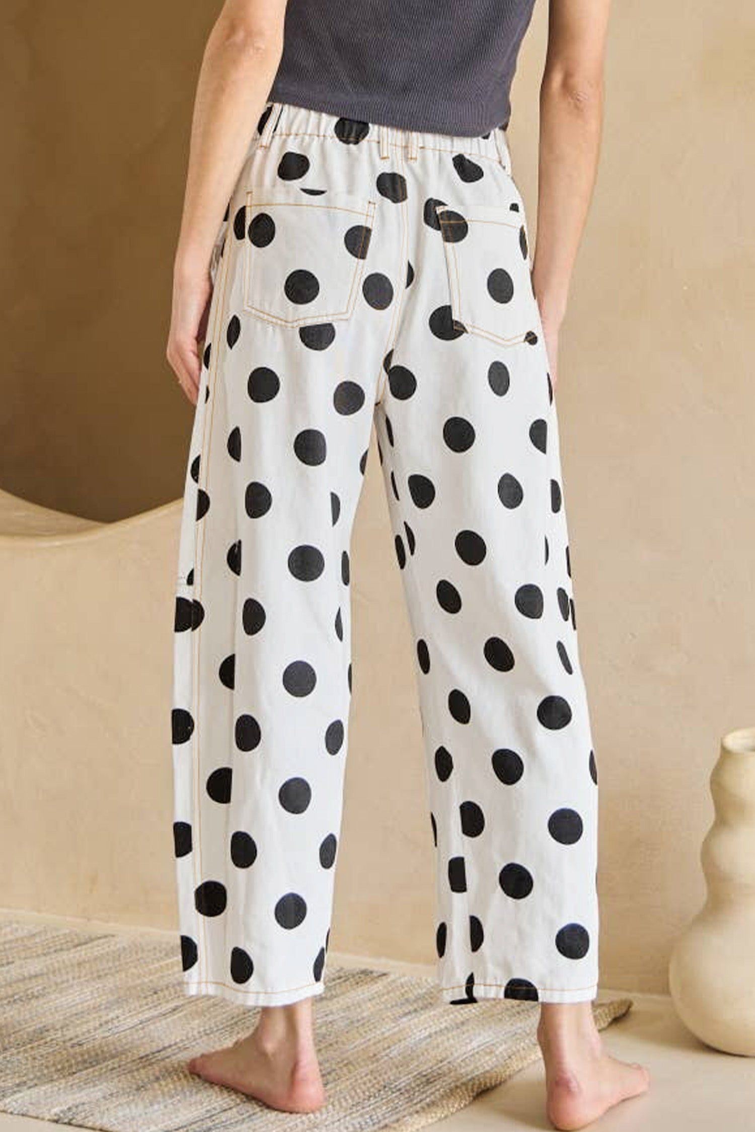 Sky Blue Polka Dot Print Bow Detail Pocketed Barrel Jeans