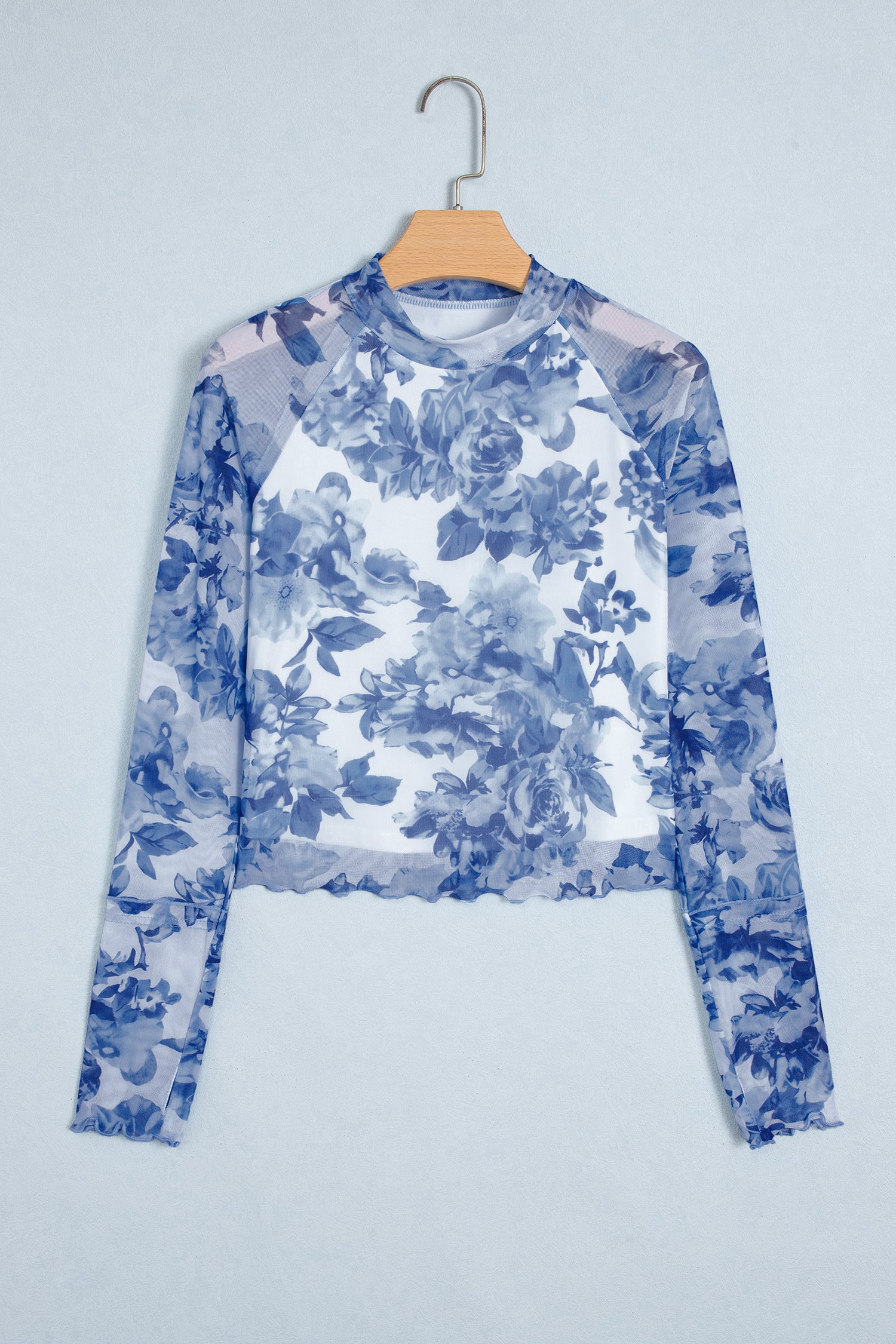 Sky Blue Floral Print Long Sleeve Stand Neck Mesh Top
