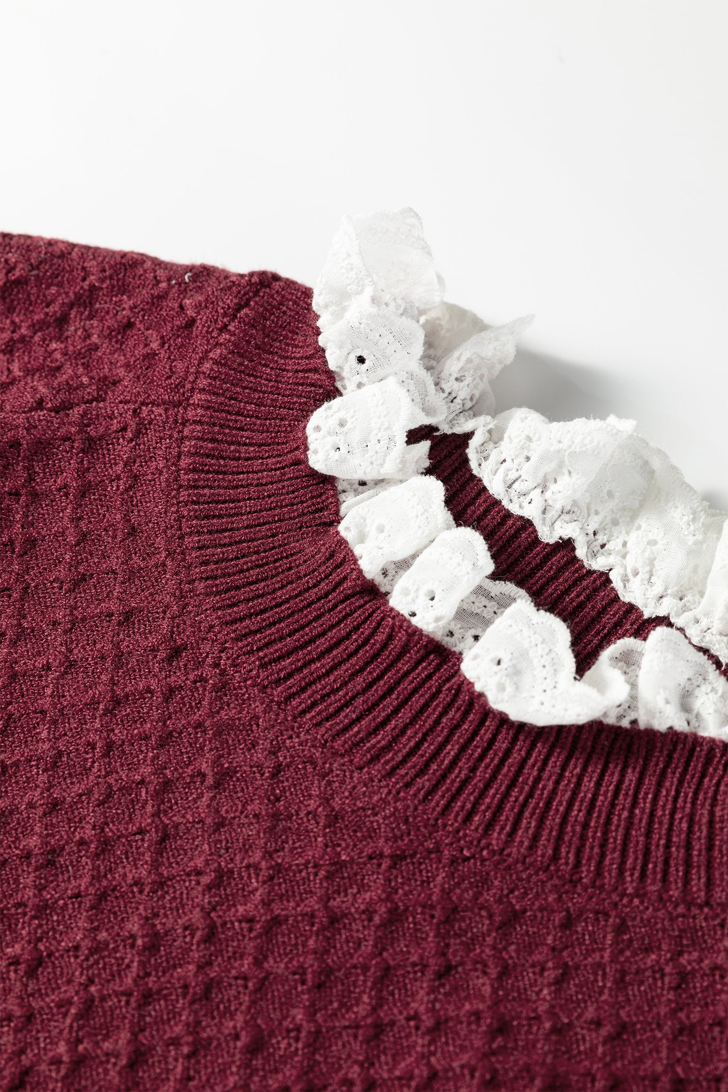 Burgundy  Contrast Lace Frilled Trim Raglan Sleeve Sweater