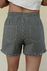 Black Stripe Raw Edge Drawstring Elastic Waist Casual Denim Shorts