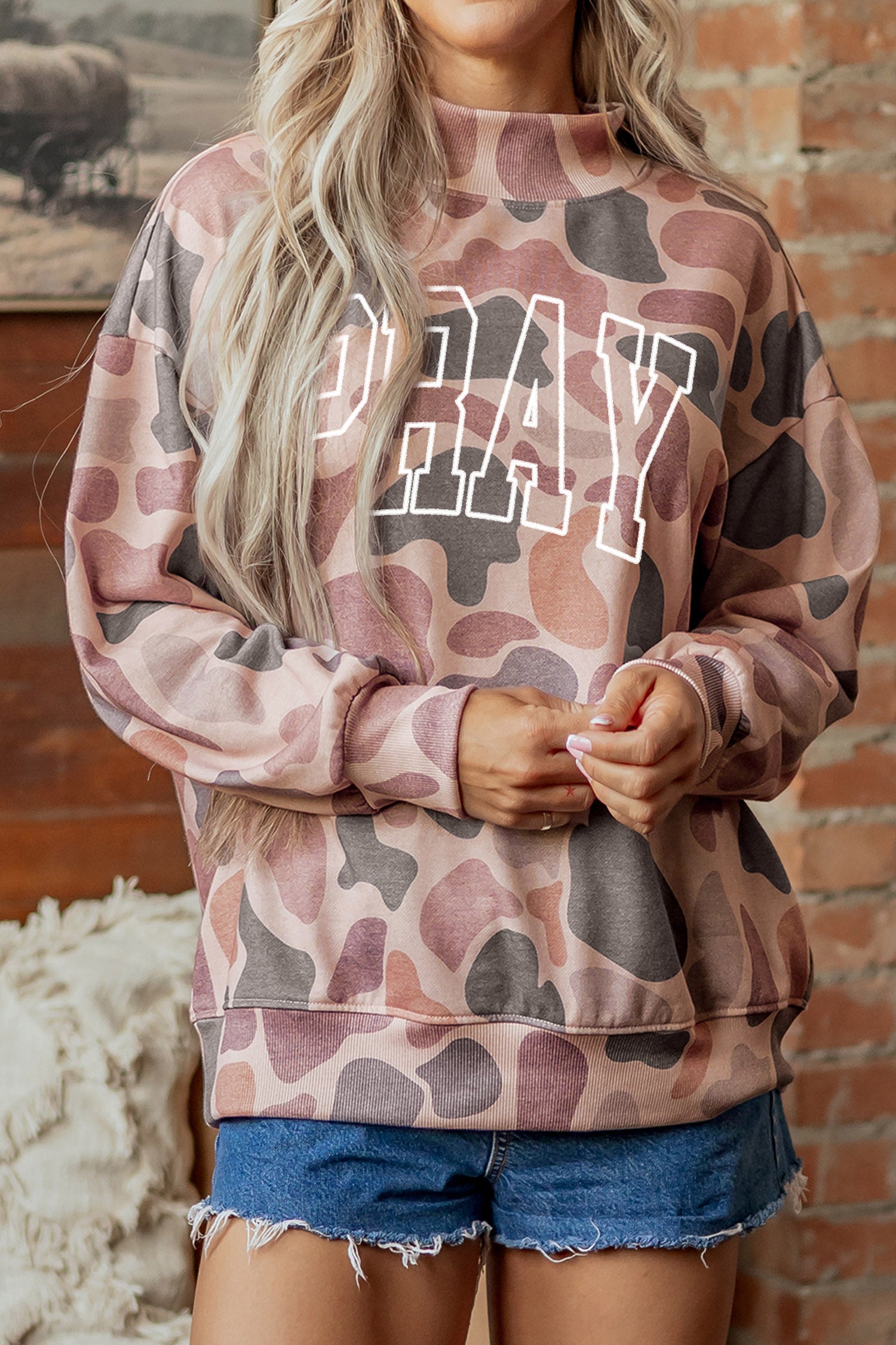 Multicolour Embroidered Slogan Camo Pullover Sweatshirt