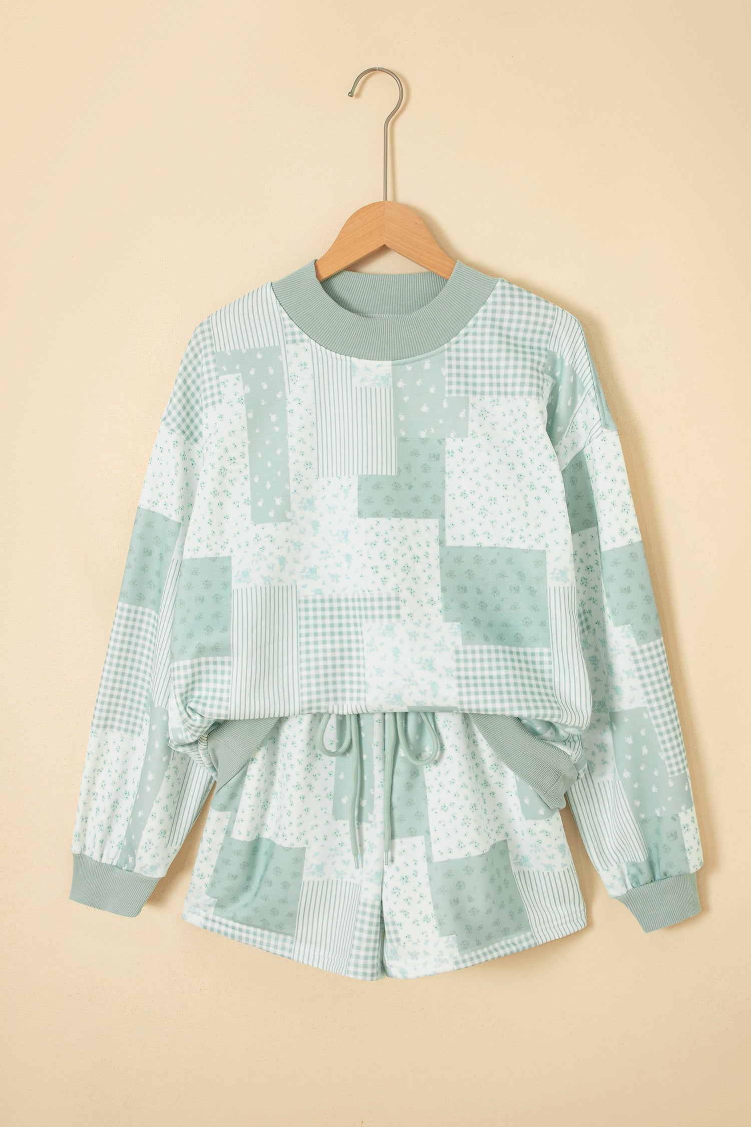 Sky Blue Patchwork Floral Print Drop Shoulder Baggy Pullover Drawstring Shorts Set