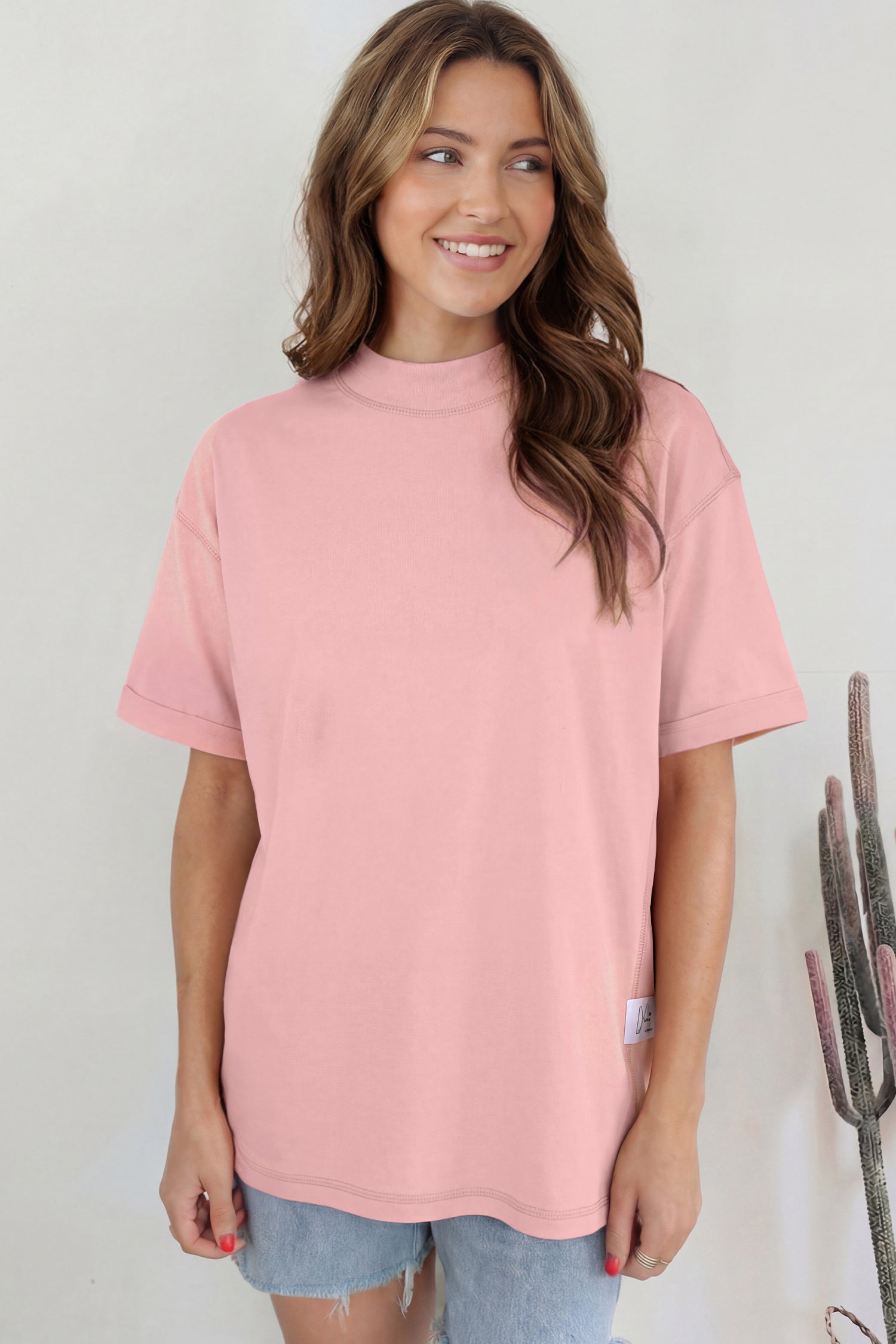 Dark Blue Solid Color High Neck Oversize Tee