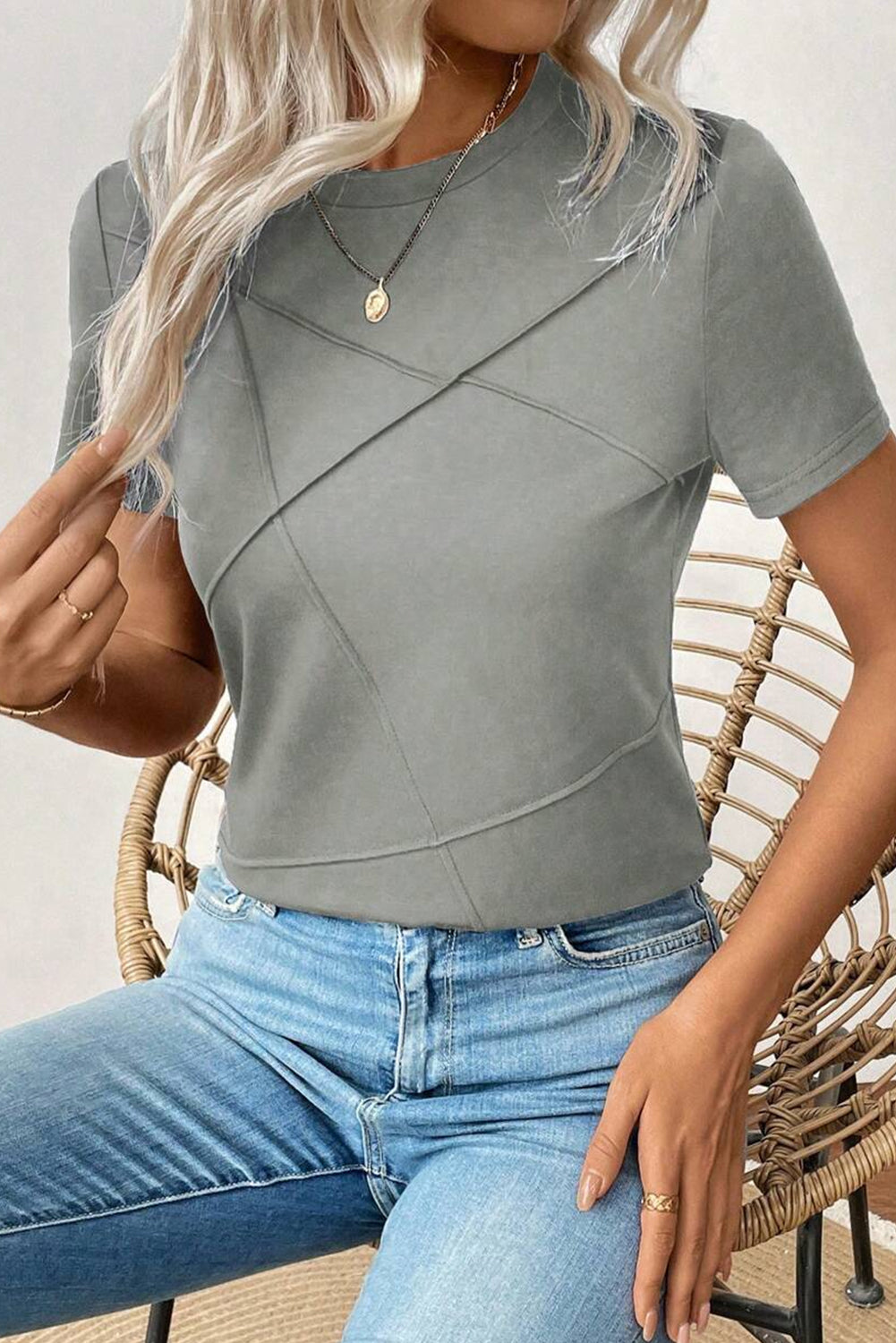 Dirty Blue Solid Color Round Neck T Shirt
