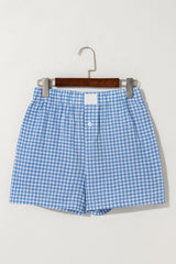 Blue Vintage Gingham Print High Waisted Loose Shorts