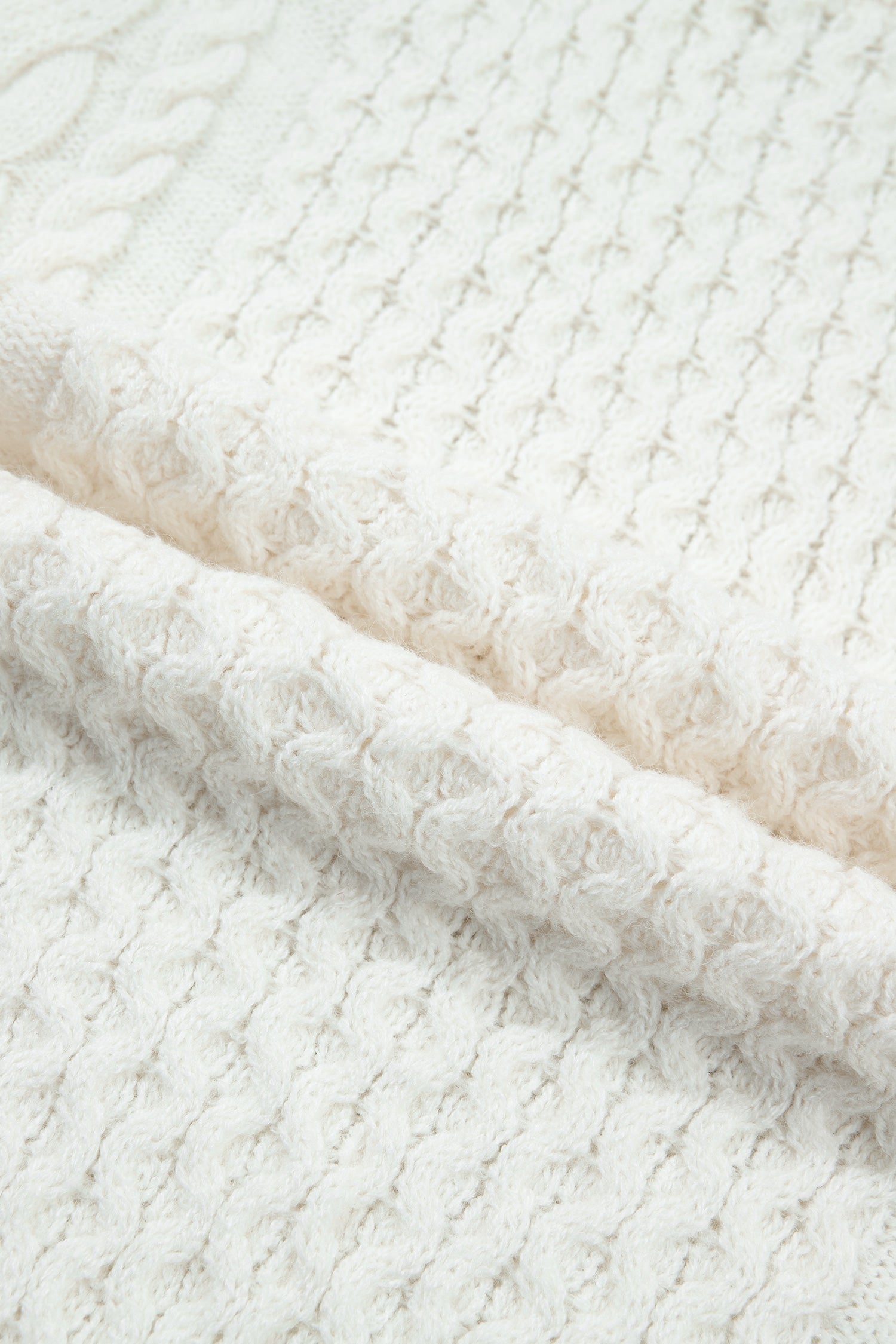 Beige Solid Color Cable Detail Knit Loose Round Neck Sweater