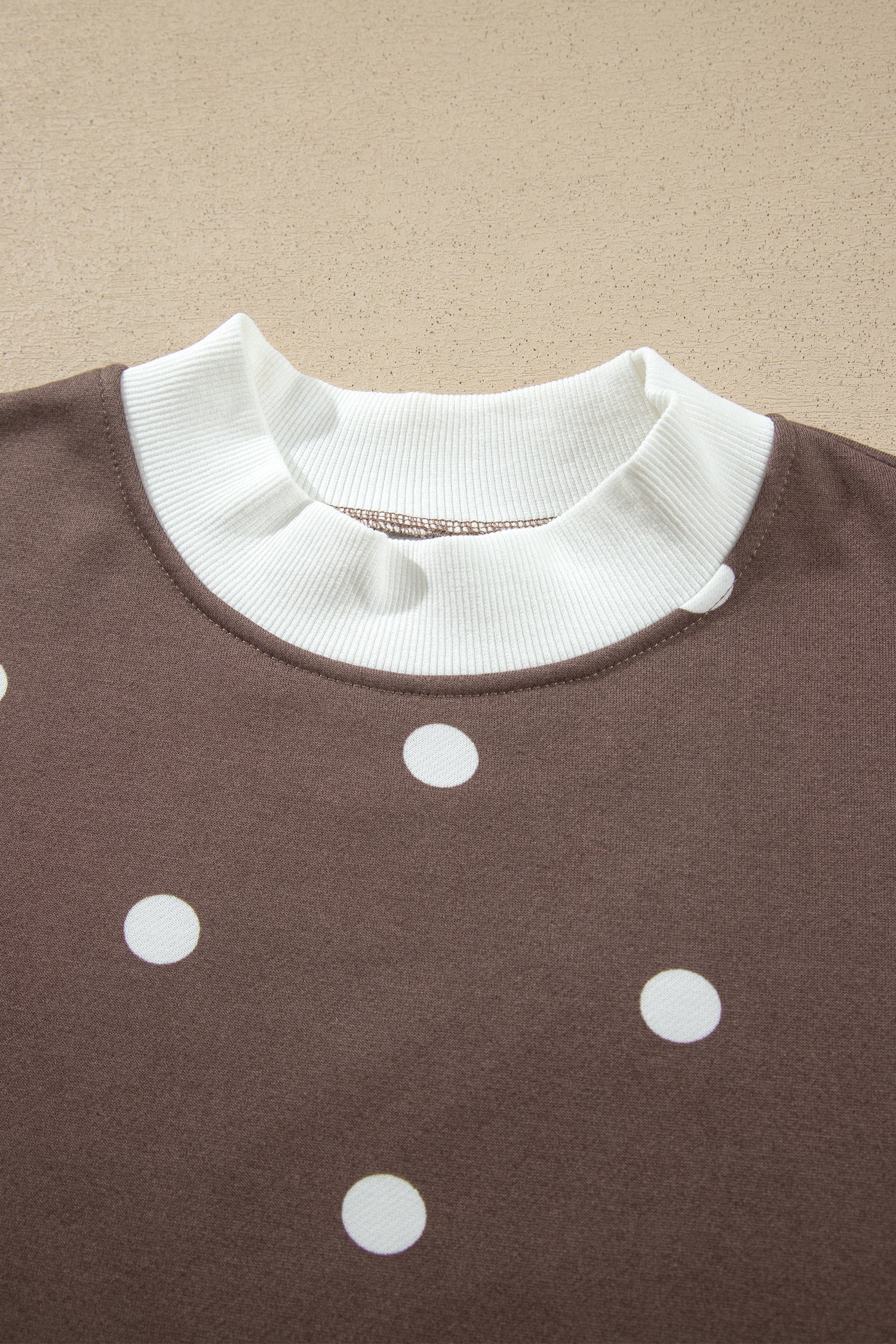 Brown Polka Dot Ribbed Trim Long Sleeve Top Casual Short Set
