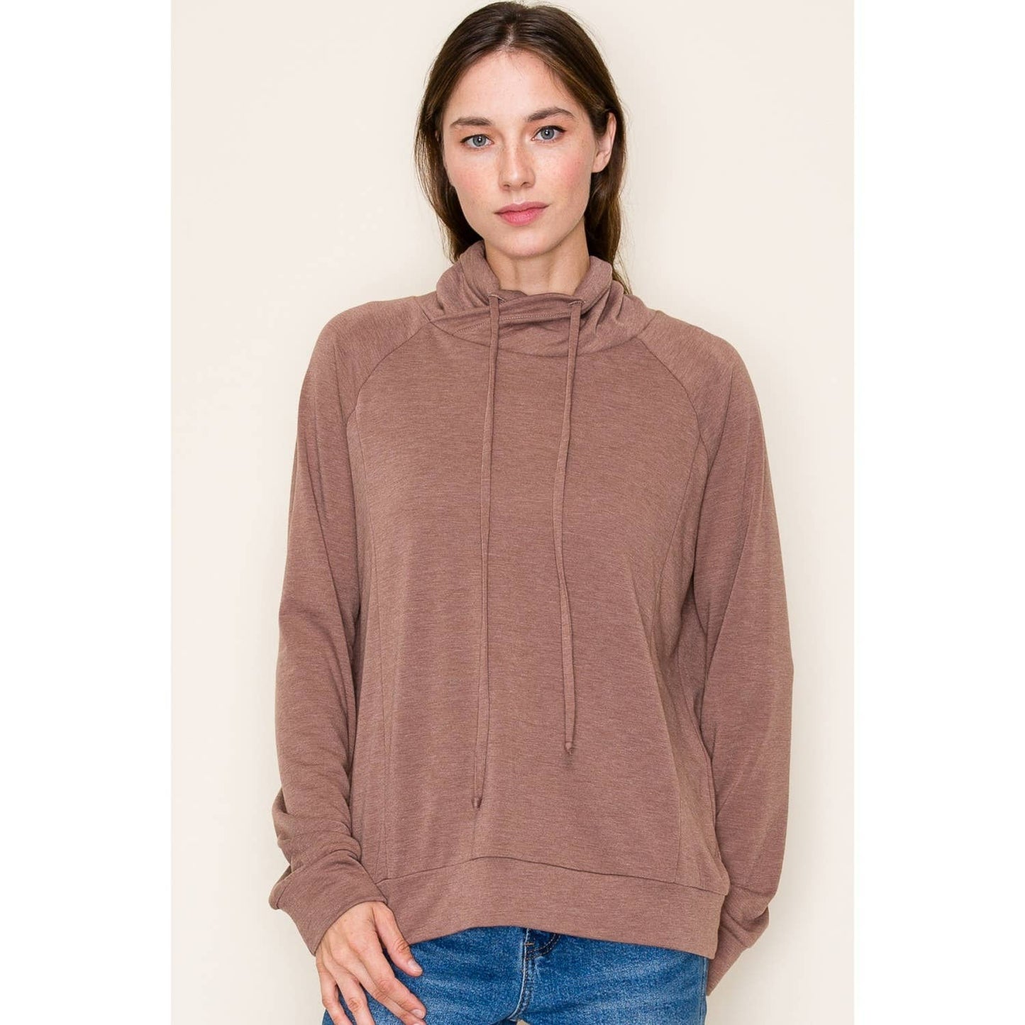 DRAWSTRING COWL NECK LONG SLEEVE FRENCH TERRY TOP