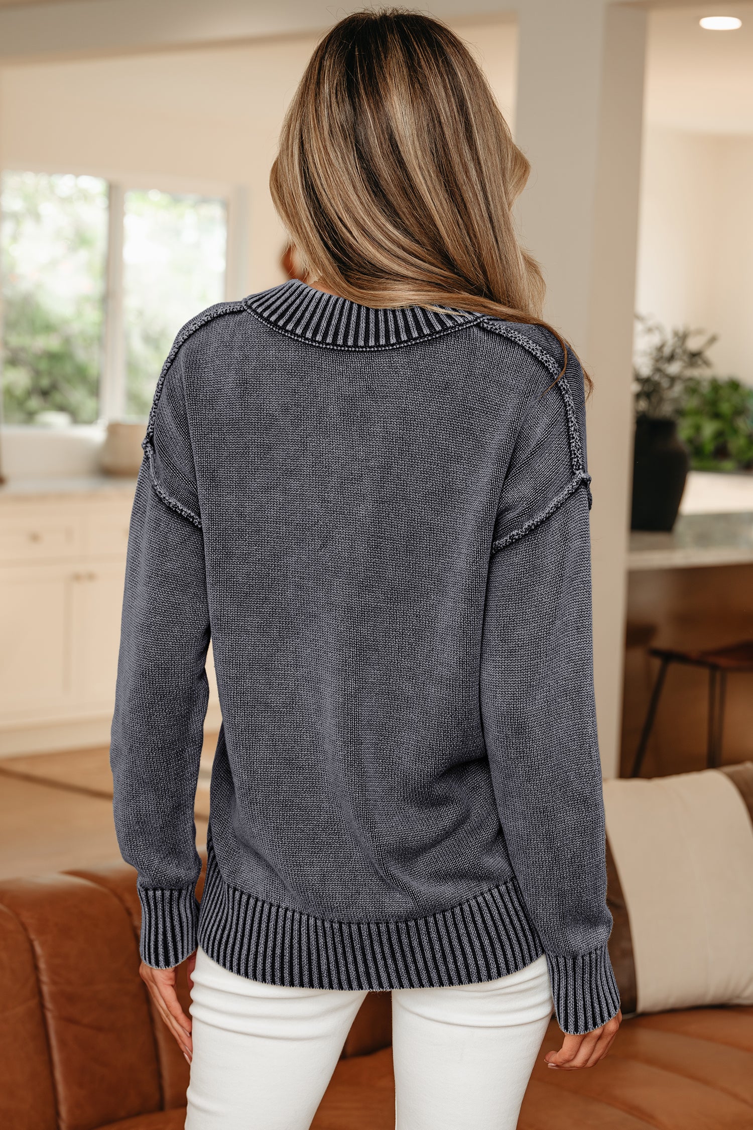 Four Leaf Clover Mineral Wash V Neck Knit Exposed Seam Drop Shoulder Loose Sweater