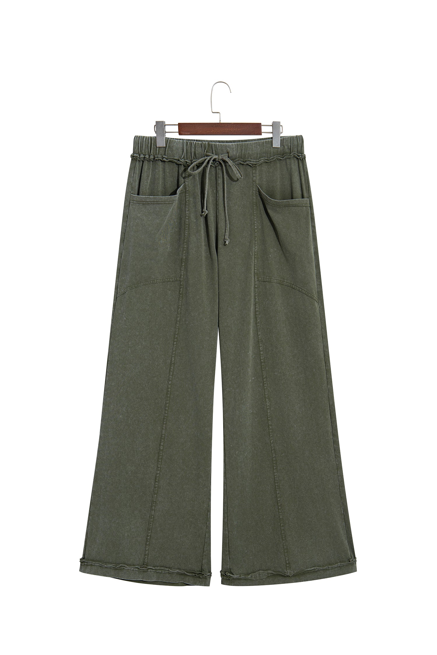 Jungle Green Mineral Wash Seam Detail Flare Leg Drawstring Pants