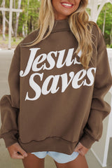 Fiery Red Jesus Saves Slogan Print Stand Neck Baggy Sweatshirt