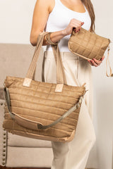 Camel Quilted Patchwork Large Tote Bag and Clutch 2pcs Set