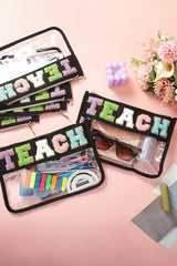 Black TEACH Glitter Chenille Clear PVC Makeup Bag