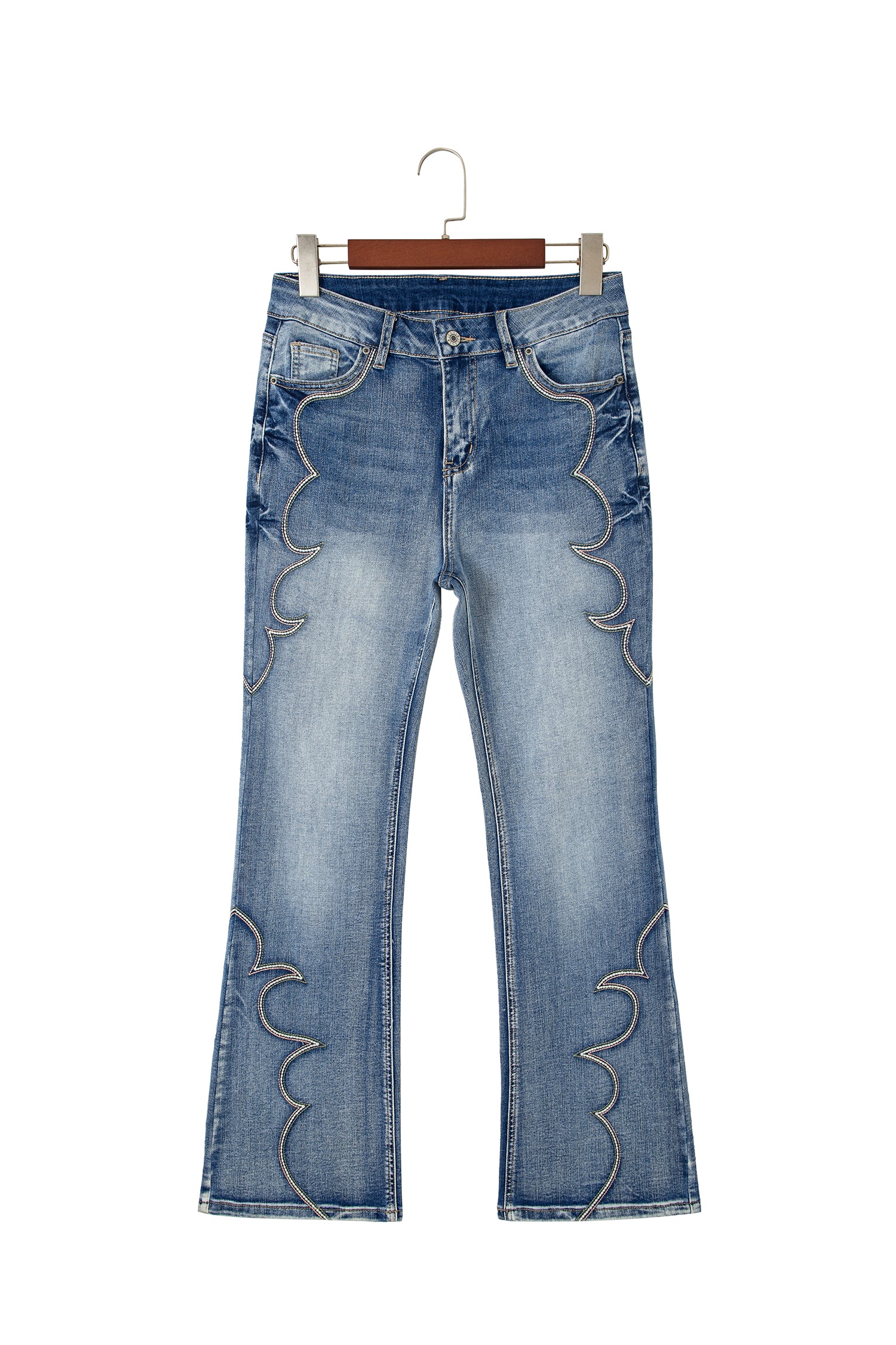 Blue Western Embroidered Flare Full Length Jeans