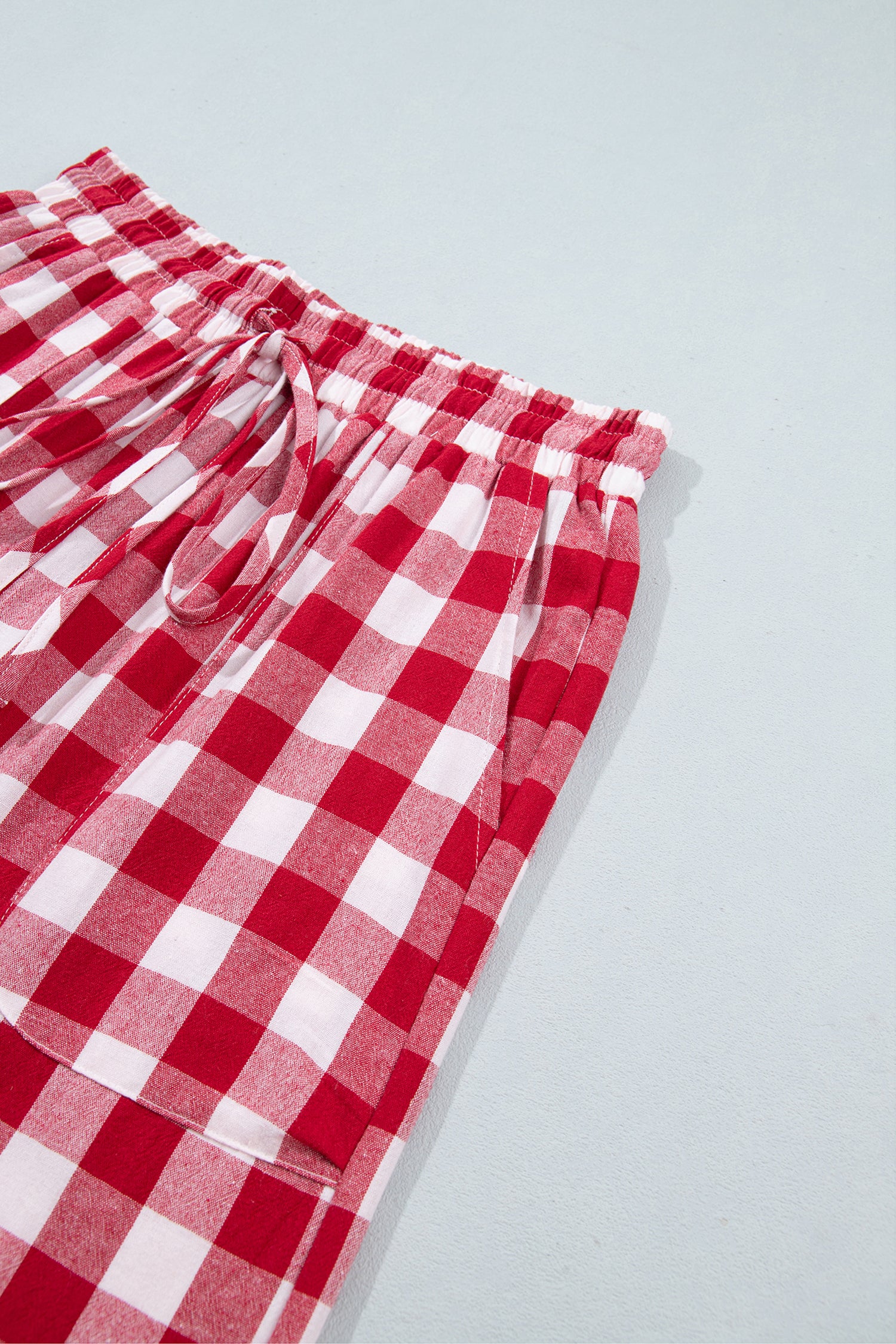 Red Gingham Plaid Tie Elastic Waist Shift Pants