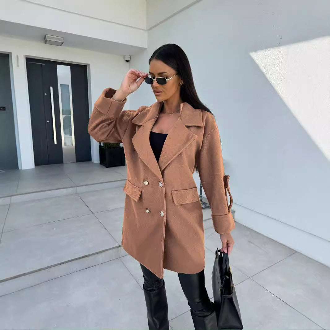 Winter Solid Color Double-breasted Coat Women's Clothing