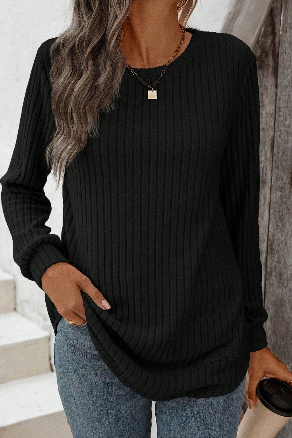 Black Ribbed Texture Round Neck Long Sleeve Rounded Hem Top