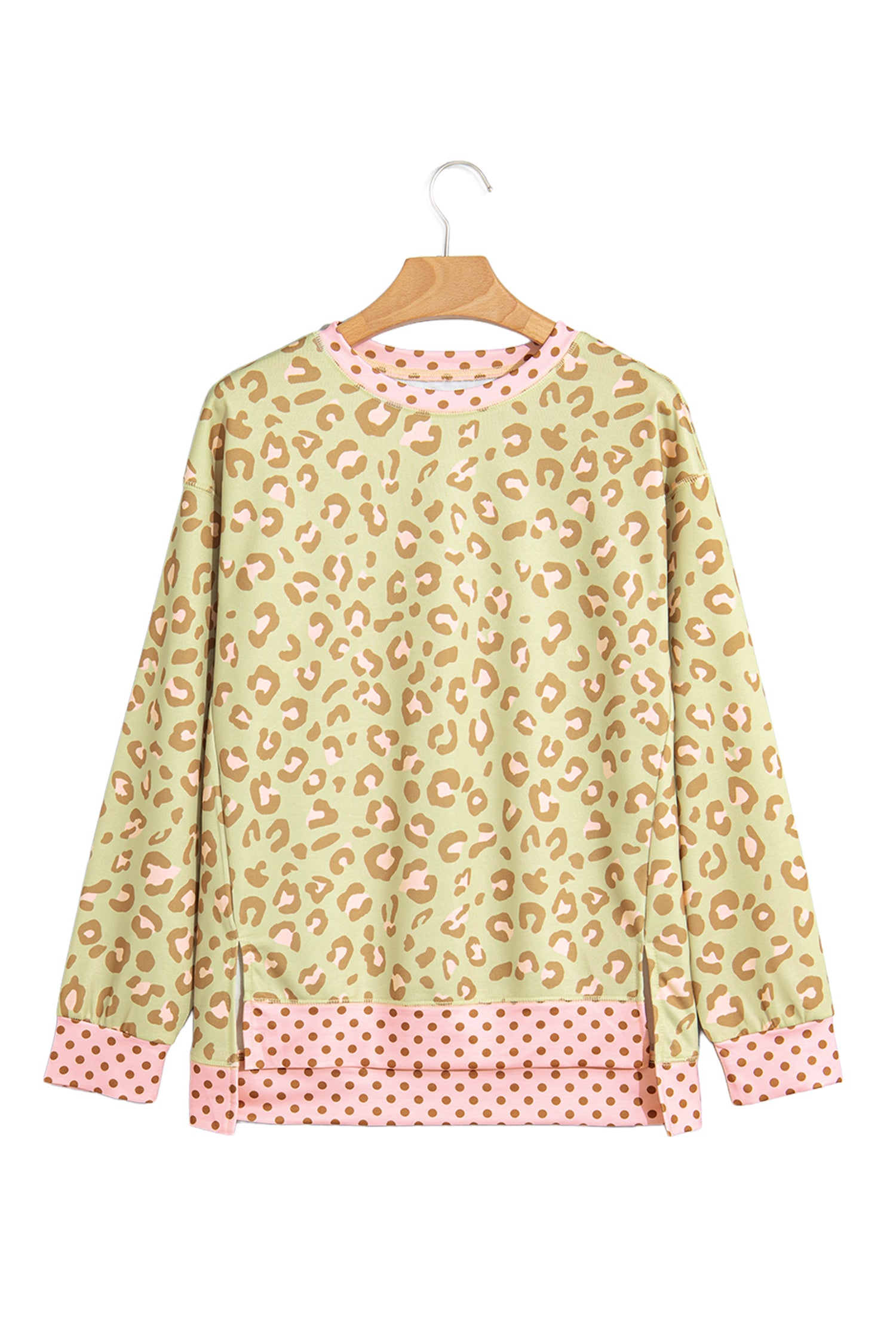 Pink Leopard Polka Dot Colorblock Trim Long Sleeve Top
