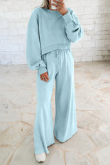 Mist Blue Drop Shoulder Crop Pullover Drawstring Wide Leg Pants Set