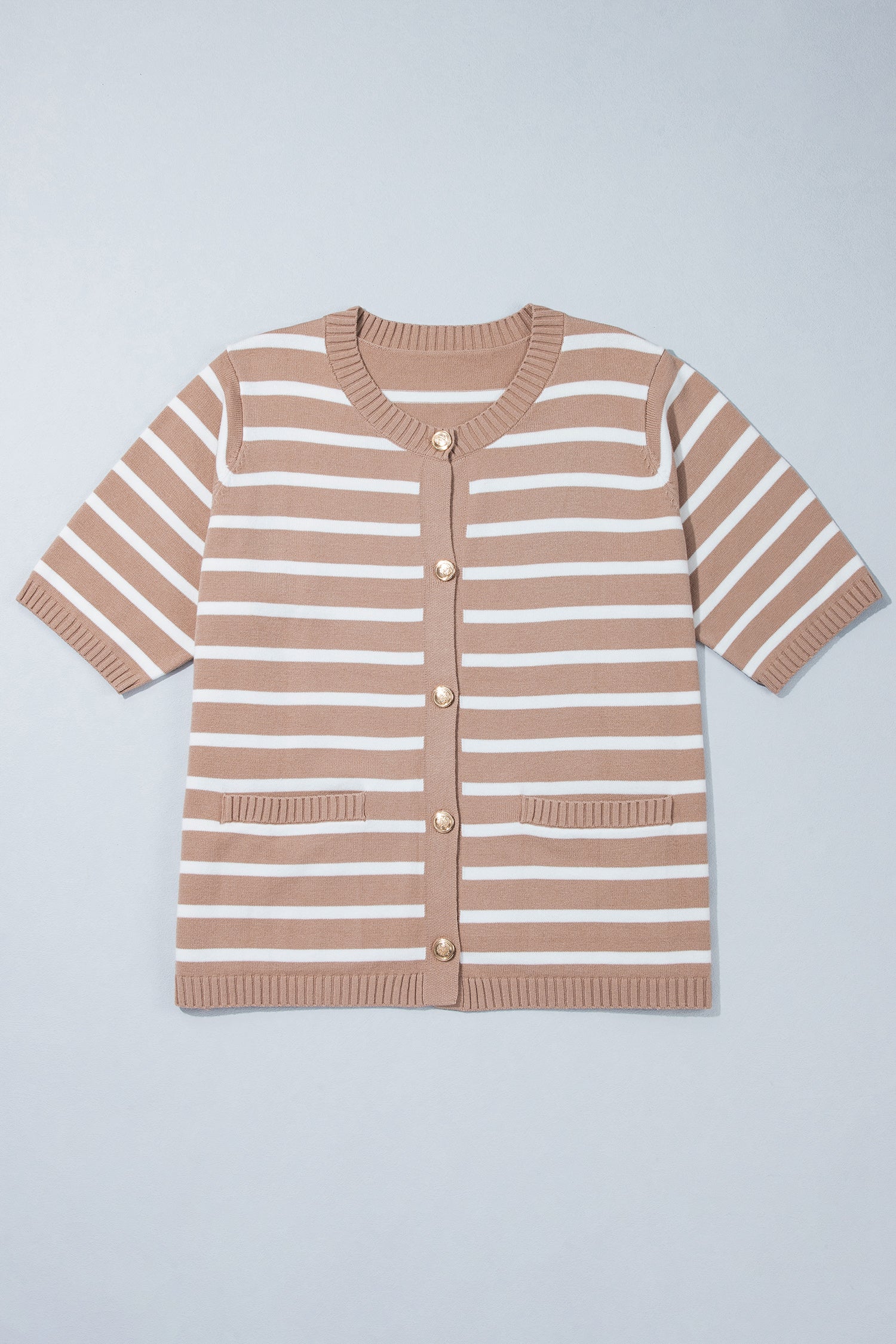 Khaki Stripe Button Down Short Sleeve Knit Plus Size Cardigan