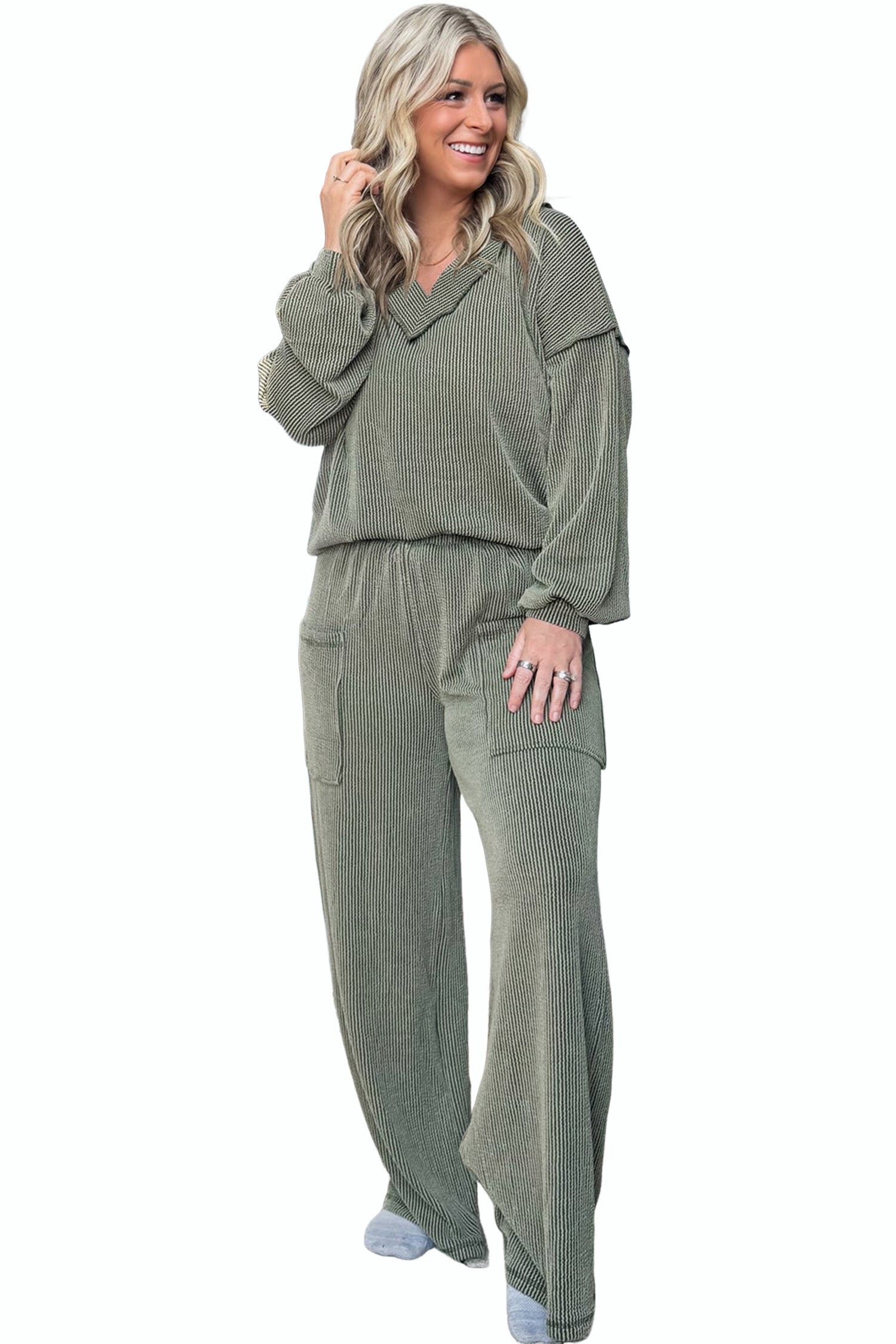 Four Leaf Clover Twisted Ribbed Exposed Seam Detail V Neck Pullover Plus Size Pant Set