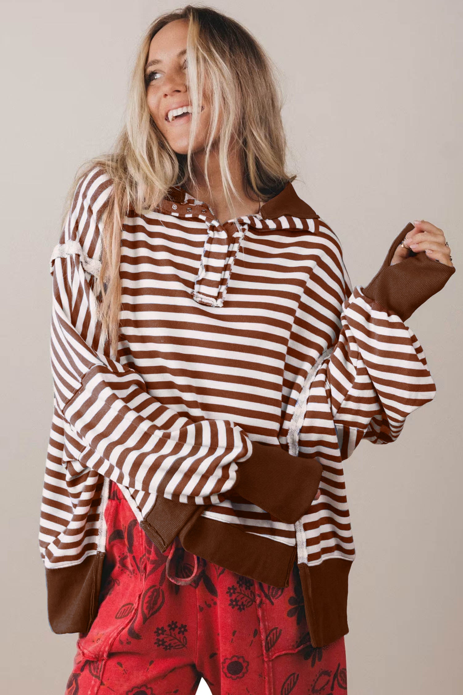 Blue Stripe Color Block Trim Raw Seam Split Hem Loose Pullover Sweatshirt