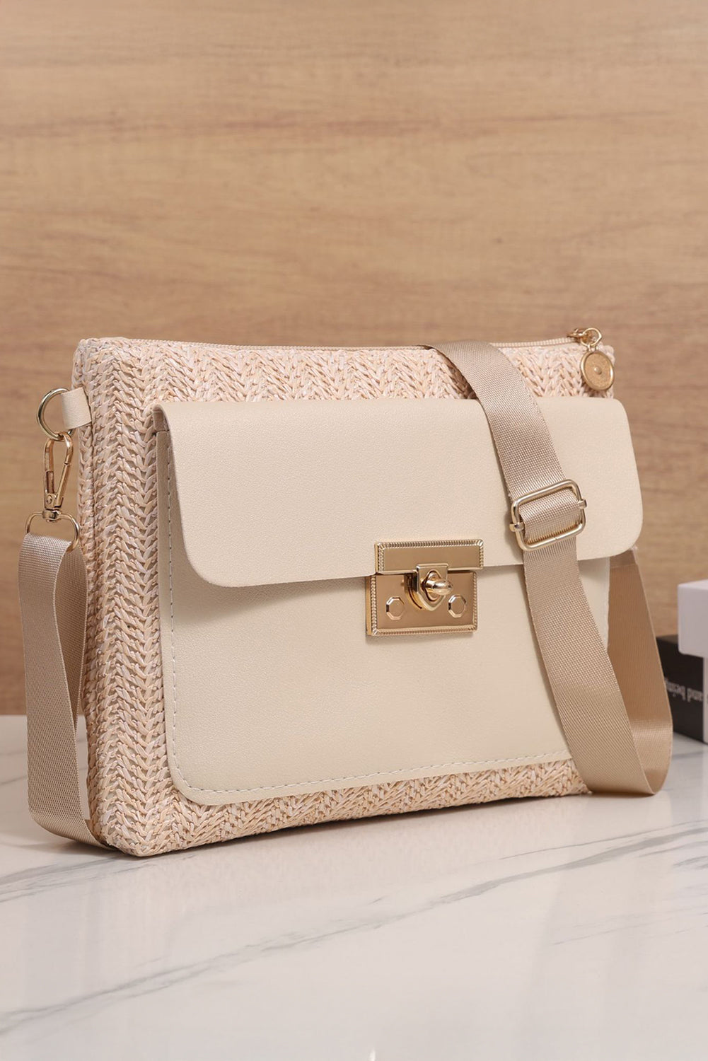 Thai Curry Leather Pocket Patchwork Staw Woven Shoulder Bag