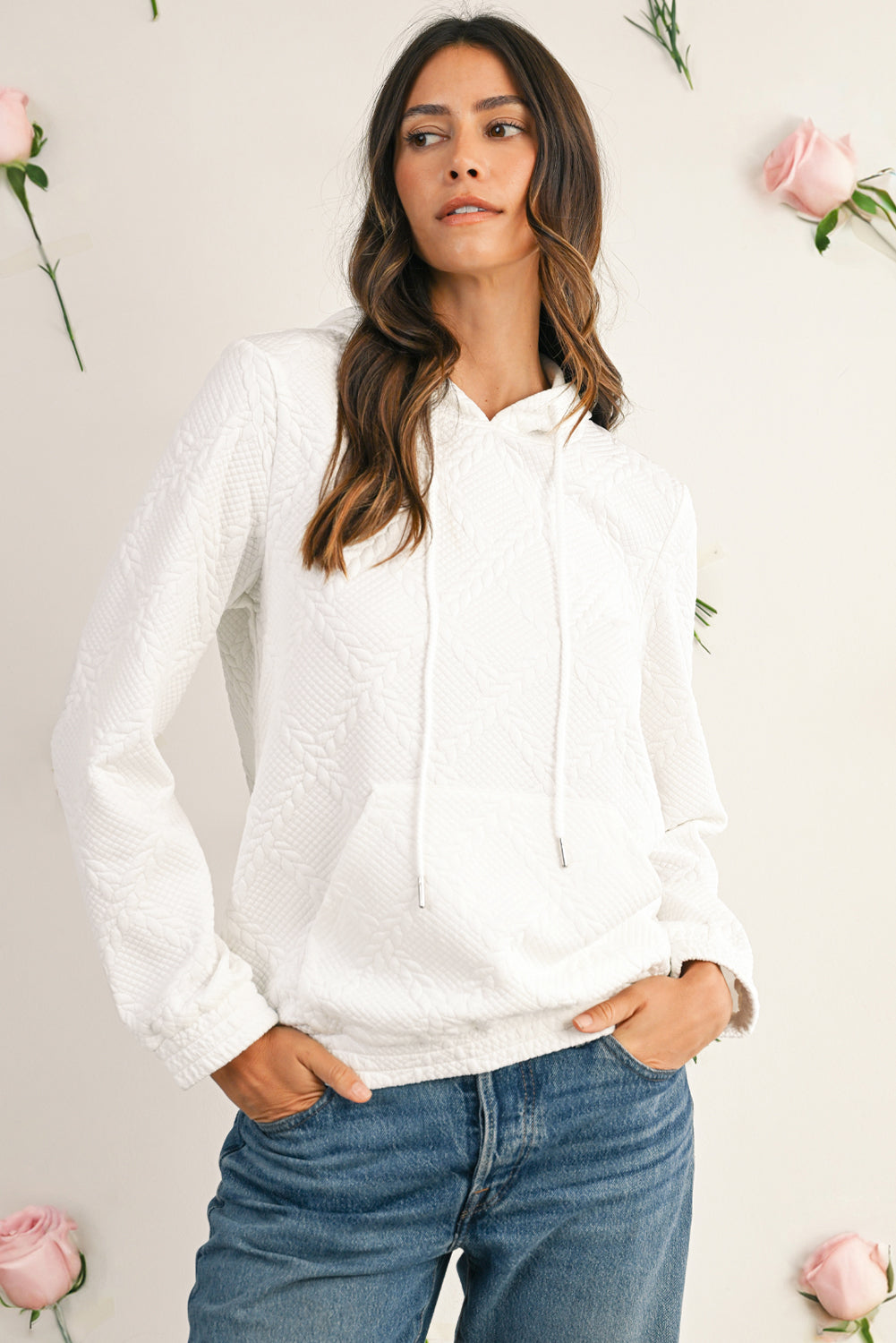 White Lattice Texture Kangaroo Pocket Hoodie